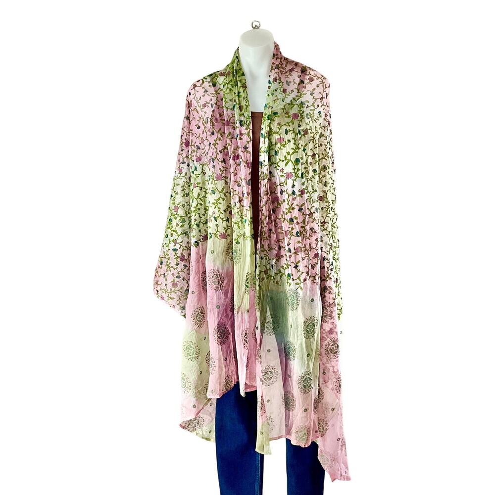 Green and Pink Floral Shawl/Scarf: 90s, Y2K, Fairycore
